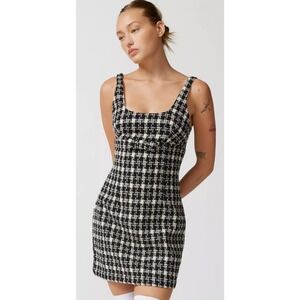 Urban Outfitters Lily Plaid Tweed Mini Dress Black White Bow Large